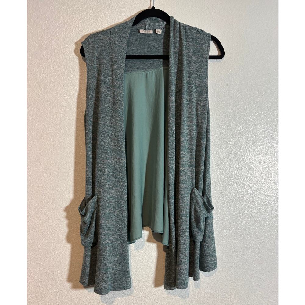 LOGO Lori Goldstein Size S Open Front Knit Vest Space Dye Green Drapey Lagenlook